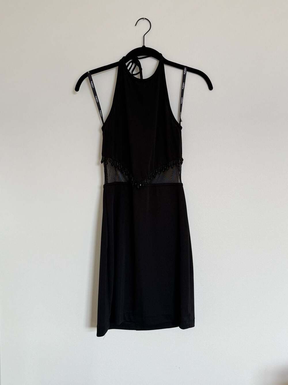 Vintage Roberta Black Halter Neck Mini Dress Mesh Panel Beaded Sz 0/2